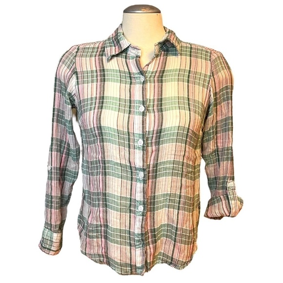 Caribbean Joe Lightweight Plaid Button Up Top with Roll Tab Sleeves - Picture 3 of 11